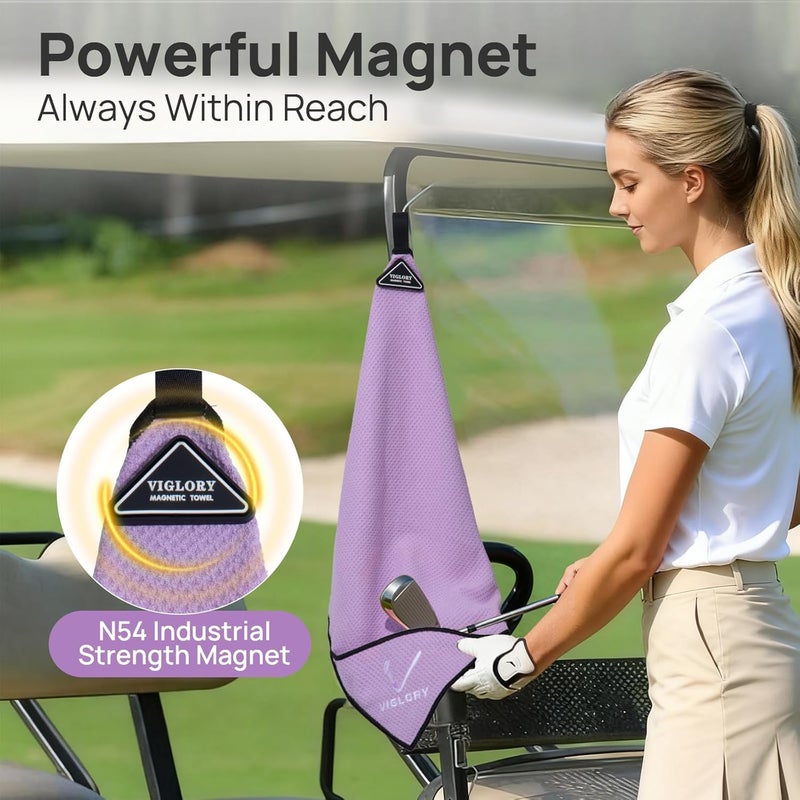 VIGLORY Magnetic Golf Towel - Exclusive Cleaning Pocket–18"x18"–Strong Magnet for Golf Cart or Clubs, Spot-Clean Design, Ultra Absorbent Waffle Microfiber–Golf Accessories & Gift for Men(Purple 1 Pack) - Image 3